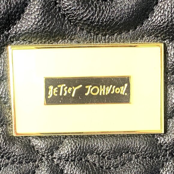 Betsey Johnson Quilted Black Lips Faux Leather Satchel Bag & Pom Poms Love Coll - Picture 3 of 14